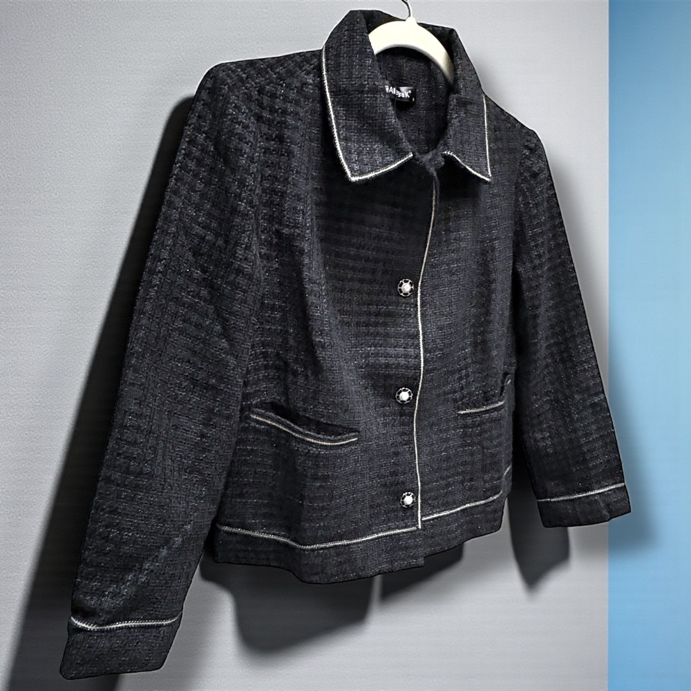 Allegra K Women's Black Tweed Blazer Jacket Button‎ Front Trimmed